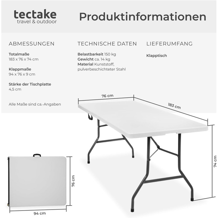 Складний алюмінієвий стіл TekTake для кемпінгу, саду, тераси, балкону (183x76x74 см, модель 402153)