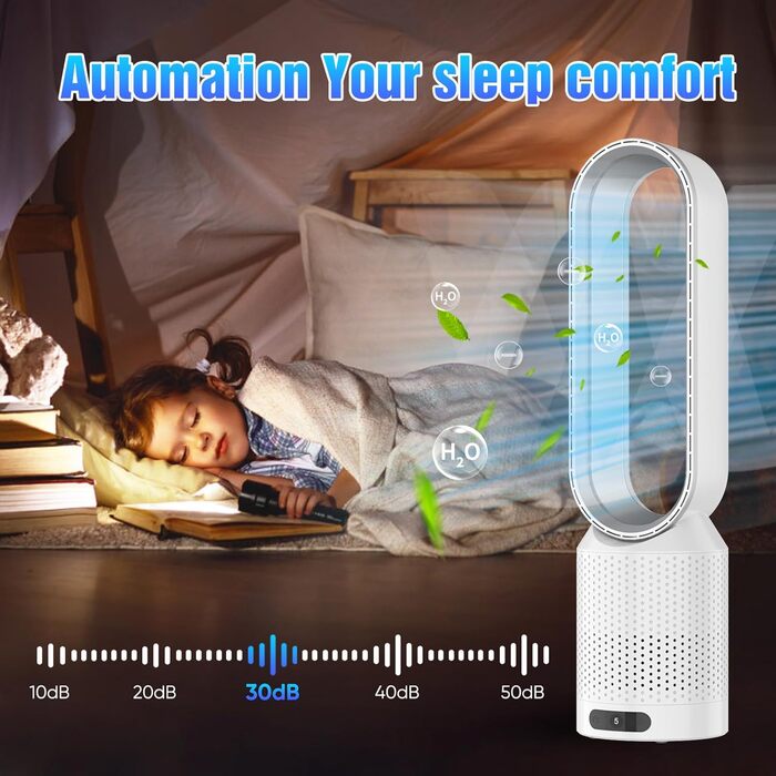 2-в-1 Вентилятор з очищувачем повітря безлопатий, з пультом, 8 швидкостей, осциляція 90°, таймер, для спальні/офісу (срібний)