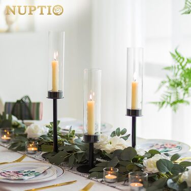 NUPTIO скляні підсвічники-циліндри для свічок, 18 шт. (48/41/35 см), чорний метал, декор для весілля, вечірки, столу, вітальні