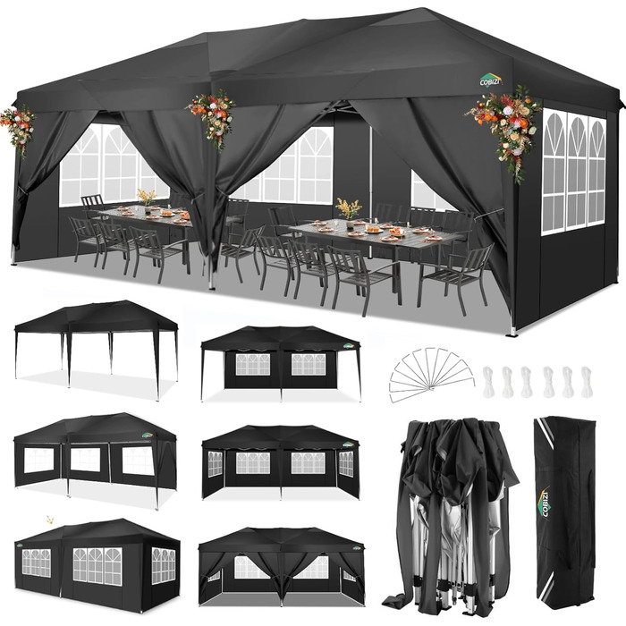COBIZI Pop-up Pavilion 3x3, Folding Pavilion 3x3 Waterproof, Stable, Winter-proof |8X Pegs|4X Wind Rope|UV Protection 50+|High-Density Tarpaulin| Pavilion Foldable 3x3m Party Tent Folding Pavilion 3x3 Garden Pavilion (Black, 3x6m with 6 Side Panels)