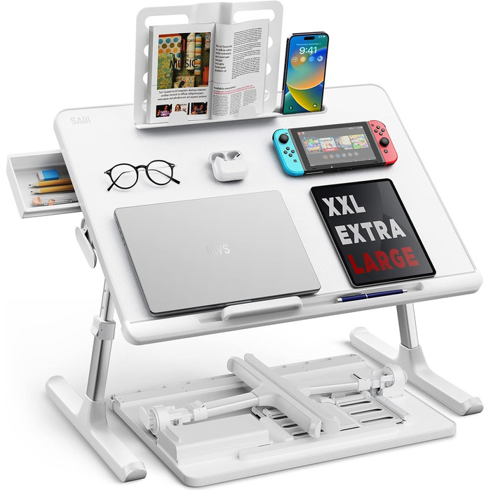 Регульований стіл-таблетка для ноутбука SAIJI з ящиком для зберігання - білий, X-Large