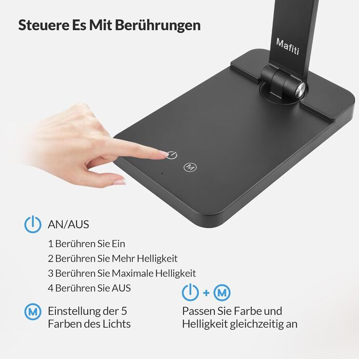 LED лампа настільна диммерна з USB, 5 кольорів та 3 рівні яскравості, для читання, дітей, офісу, чорна MT-856