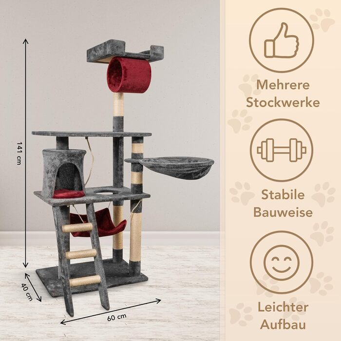 Кігтеточка для котів Foxdevil від xonic® - стабільна, багатофункціональна з платформою, гамаком, будиночком, іграшкою та сходами (141 см, сірий/червоний)