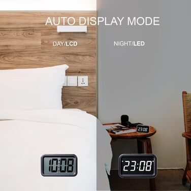 KWANWA Alarm Clock Digital, No Ticking, Battery-Powered Digital Alarm Clock, LCD or LED Display, Snooze Duration, Adjustable Brightness for Deep Sleepers, Children, Adults (Black - White LED)