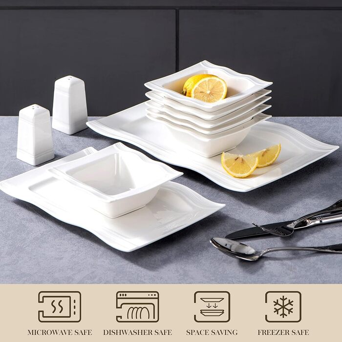 MALACASA, Mario Series, 28-piece porcelain dinnerware set consisting of 6 bowls, 6 dessert plates, 6 soup plates, 6 dinner plates, 2 rectangular platters, and 2 salt and pepper shakers.