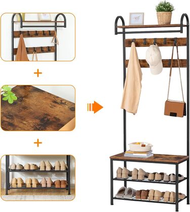 HOOBRO Coat Rack, Wardrobe Rack, Shoe Shelf with Seating, Clothes Rack with 9 Hooks, Bench, Clothes Rail, 182 cm High, Entrance Hall, Living Room, Metal Frame, Vintage Brown-Black EBF13MT01