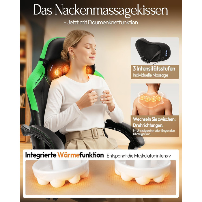 Ігрове крісло Dowinx з масажем, ергономічне, до 135 кг, зелене