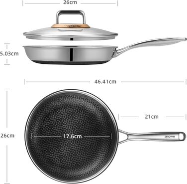 Сковорода з кришкою 26 см, антипригарне покриття Hybrid, холодна ручка, безпечна для миття в посудомийній машині, без PFAS, PFOA та PTFE, можна використовувати в духовці до 260 °C, сумісна з усіма типами плит WQ