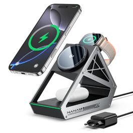 Зарядний пристрій NANAMI 3-в-1 MagSafe: для iPhone 17, 15, 14, 13, 12, Apple Watch, AirPods. Чорний, 15W, Qi2, MagSafe