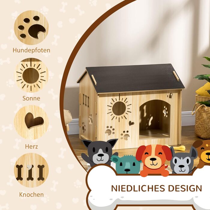 PawHut Wooden Dog House - Indoor Pet Shelter with Ventilation - MDF Oak & Black - 69x50x58.5 cm
