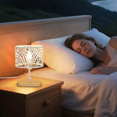 Настільна лампа з дерева, вінтажна модель E14, настільна лампа з дерев'яним цоколем та металевим абажуром, для дитячої кімнати, вітальні, спальні, бару (біла)