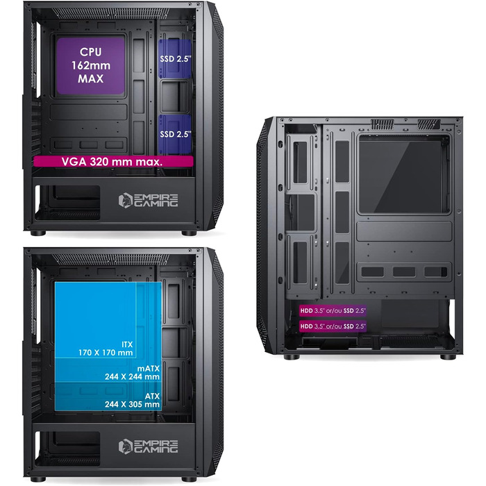Корпус ПК EMPIRE GAMING Diamond для геймерів, ARGB, середній, ATX, з фасадом з алмазного плексигласу та скляною бічною панеллю, 4 вентилятори 120 мм RGB, (Ruby B)