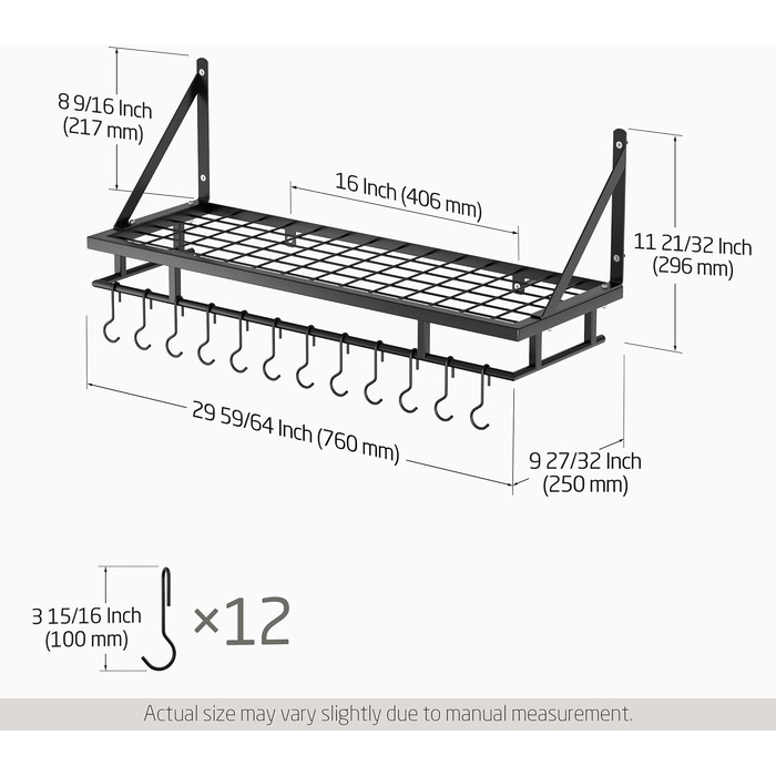 Kitchen Utensil Holder, Pan Holder, Kitchen Shelf, Kitchen with 12 Hooks, Hanging Shelf, Spice, Pan Shelf, Wall Shelf, Kitchen Rail, 75CM Wall Mount, Matte Black, KUR215S75A-BK