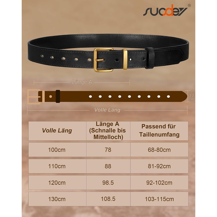 Жіночий шкіряний ремінь SUOSDEY вінтажний, для джинсів, штанів та суконь, з пряжкою золотого/срібного кольору, ширина 3.3 см (Чорний, під талію 68-80 см)