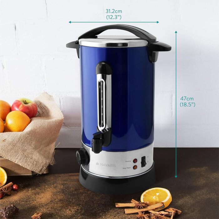 Navaris Mulled Wine Warmer/Hot Water Dispenser - Stainless Steel - with Thermostat, Level Indicator, Tap - Mulled Wine/Hot Beverage Dispenser (10 l, Blue)