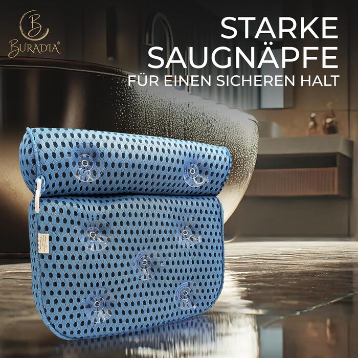 BURADIA Bath Pillow including Wash Bag - Ultimate Comfort and Relaxation with Latest Air Mesh Technology - Bath Pillow for Bathtub with 7 Strong Suction Cups - Neck/Head Pillow (light blue)