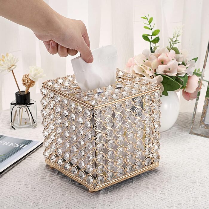 SUMTree Kristall Tissue Box, square, for household use, napkin organizer for dining room, bathroom, bedroom, vanity countertop, Gold