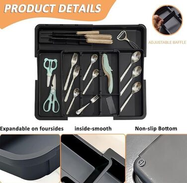 Органайзер для столових приборів ZHUlYIWIN в шухляду, розсувний, з тримачами для ножів (сірий)