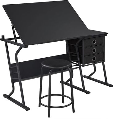 Yaheetech Kids Art Desk Set with Tiltable Tabletop, Side Table with 3 Drawers, Round Chair, and Storage Shelf for Writing, Reading, Painting, and Drawing