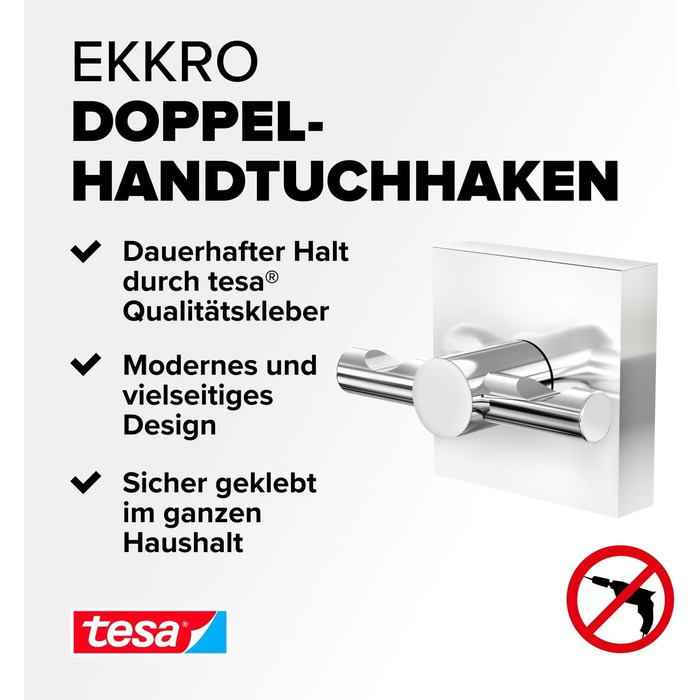 tesa EKKRO Towel Hook, Chrome-plated Stainless Steel - Bathroom Hook for Wall Mounting without Drilling, including Adhesive Solution - 50mm x 50mm x 63mm