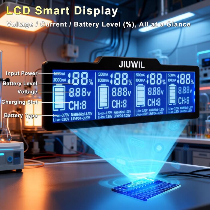 Зарядний пристрій для акумуляторів 18650 JIUWIIL з LCD-дисплеєм, універсальний, 12+2 слоти, для Li-Ion, LiFePO4, 26650, 17500, 16340, 18650, 14500, 10440 та 9V акумуляторів