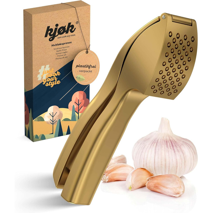 Преміум-прес для часнику Kjøk - з цинкової сплави, хромоване покриття, професійний, для миття в посудомийній машині, стильний, подарунок на День Матері (золотий)