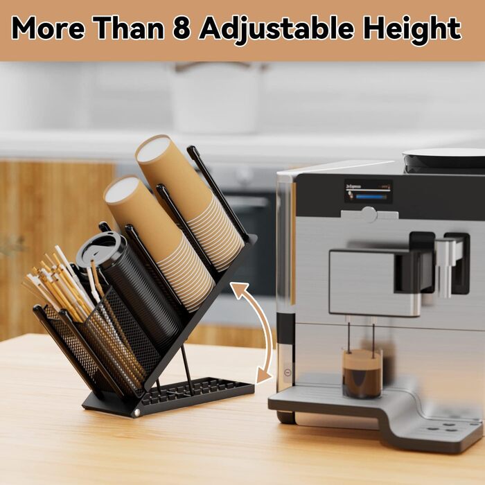 Ovicar Cup and Lid Holder – Adjustable Coffee Cup Holder, Organizer, 4 Compartments, Disposable Cup Dispenser with Coffee Capsule Straws, Storage Basket for Coffee Station, Bar, Countertop