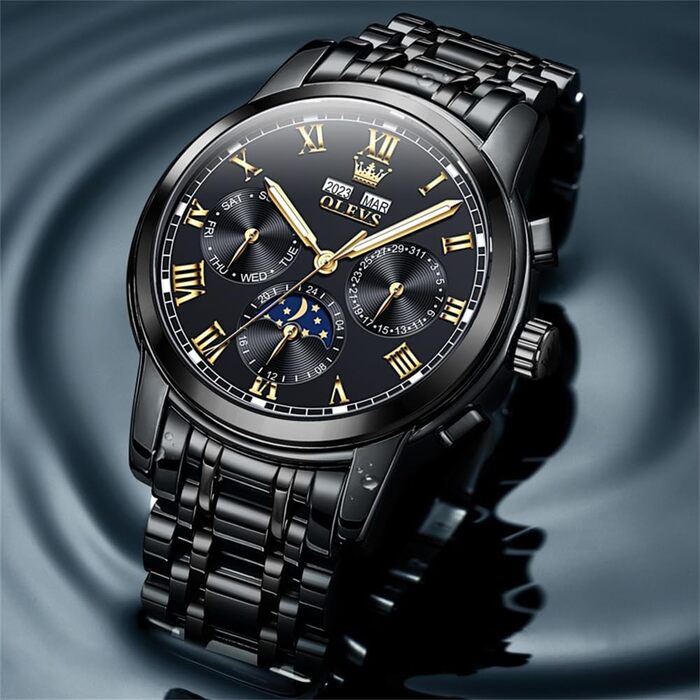 Чоловічий механічний годинник OLEVS 6692 з автопідзаводом: золотистий корпус, чорний циферблат та ремінець, фаза місяця, водонепроникний, люкс бізнес-стиль