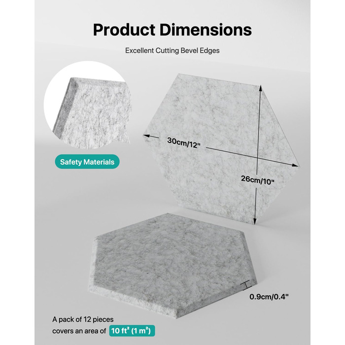 Акустичні гексагональні панелі Soundsbay, звукопоглинаючі шестикутні панелі з пінопласту високої щільності для стін, офісу та студії, 30.5 x 25.4 x 1 см, сірі (18 шт)