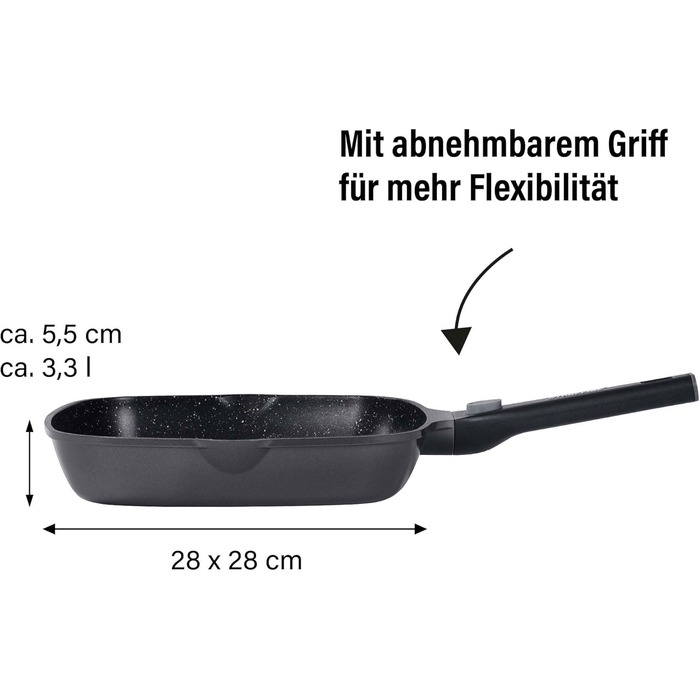 Сковорода гриль STONELINE Smart 28 см з антипригарним покриттям, алюмінієвий литий, зі знімною ручкою, для всіх плит (індукція), сіра