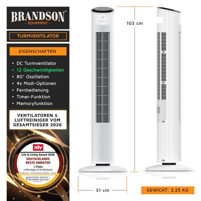 Вентилятор Tower Brandson ECO GREEN – тихий, з пультом, 12 швидкостей, режим сну, білий
