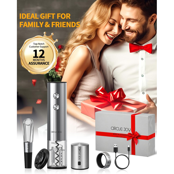Електричний відкривачка вин CIRCLE JOY 6-в-1 з зарядною станцією, комплект з нержавіючої сталі, з обрізачем фольги, аератором та 2 вакуумними закривачами