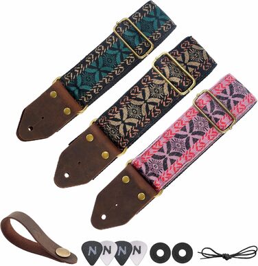 Гітарний ремінь Nefelibata з вишивкою, бавовна з дзеркальним краєм з Crazy Horse шкіри, для бас-гітари, електро- та акустичної, подарунок для дітей та гітаристів (вишивка зелена)