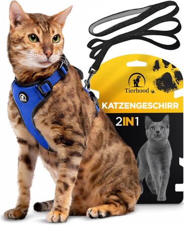 Шлейка для кота Tierhood з повідком [Нова, ЛЕГКА версія] - Шлейка з повідком для котів та кошенят - Комплект шлейки та повідка для котів - Контрольована свобода - Розмір S (S (обхват шиї 18-29 см) (обхват грудей 33-44 см), Синій)