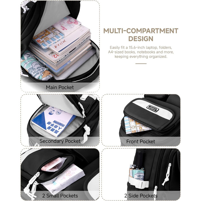 Шкільний рюкзак для підлітка: містка модель для дівчаток 3-5 класів, для середньої та старшої школи, зручний для подорожей та відпочинку (чорний)