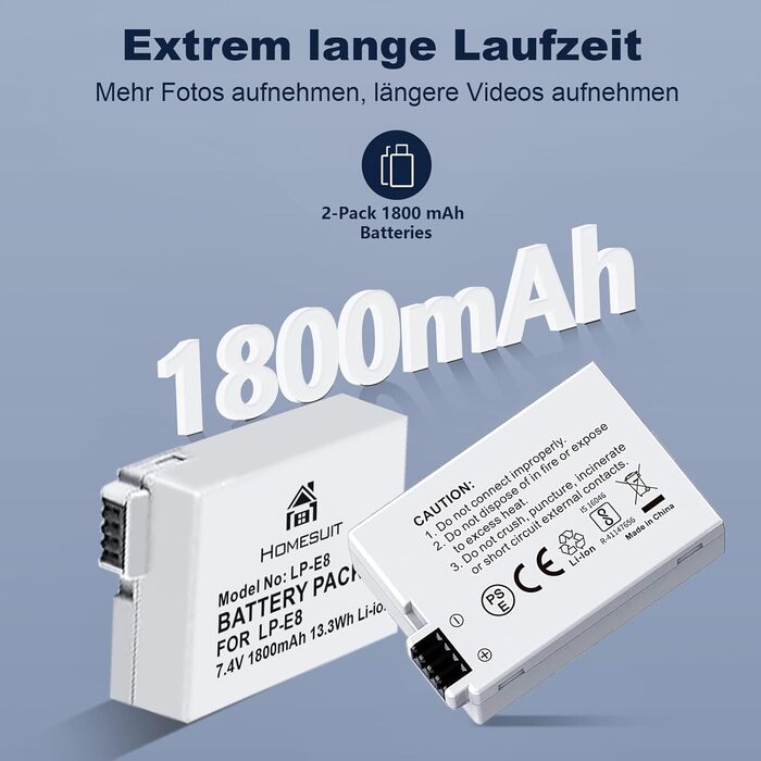 Акумулятор LP-E8 1800mAh та LED-зарядний пристрій для Canon EOS Rebel T2i T3i T4i T5i EOS 550D 600D 650D 650D 700D Kiss X4 X5 X6 X6i X7i (2 шт. акумулятори + 1 зарядний пристрій)
