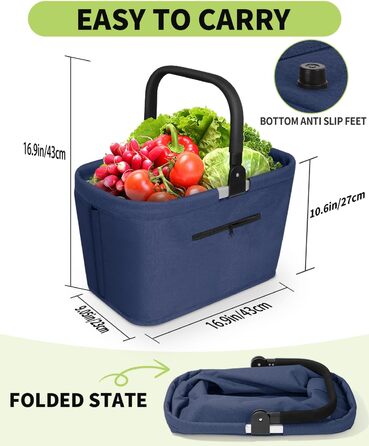 Складаний кошик для покупок на 35L з 2 стійкими ручками, сімейний, з алюмінієвим ручним захопленням, водовідштовхуючий, для пікніків, подорожей, кемпінгу та покупок - (Блакитний, 25L (43x27x23cm))