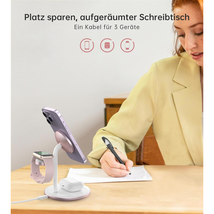 База для бездротової зарядки 3-в-1: iPhone, iWatch, AirPods. 15W, MagSafe, рожеве золото