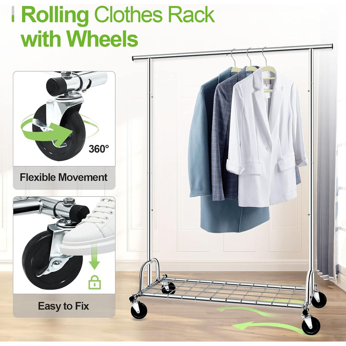 Heavy-Duty Clothes Rack, SPECILITE 2-in-1 Clothes Rack Stable with Wheels and Shelves, Load Capacity 217 KG, Adjustable Metal Heavy-Duty Garment Rack on Wheels