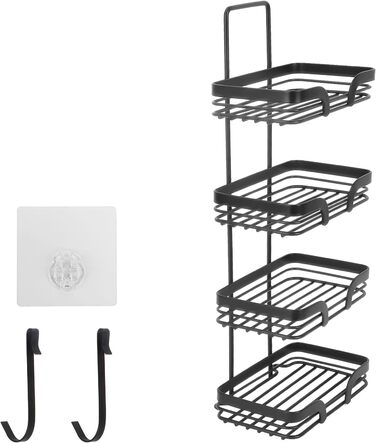 Tefola Soap Holder, 4-Tier Wall Mounted Soap Sponge Holder, Soap Dish for Shower with Two Single Hooks, Adhesive, Drill-Free Soap Holder, Stainless Steel Soap Holder (Black)
