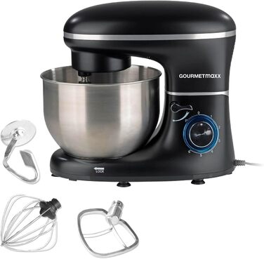 Gourmetmaxx Kitchen Machine with Kneading and Whisking Function | Powerful kitchen machine with a large 5-liter stainless steel bowl and direct drive | Includes mixing attachment, dough hook & whisk [1,500 watts] Metallic Black