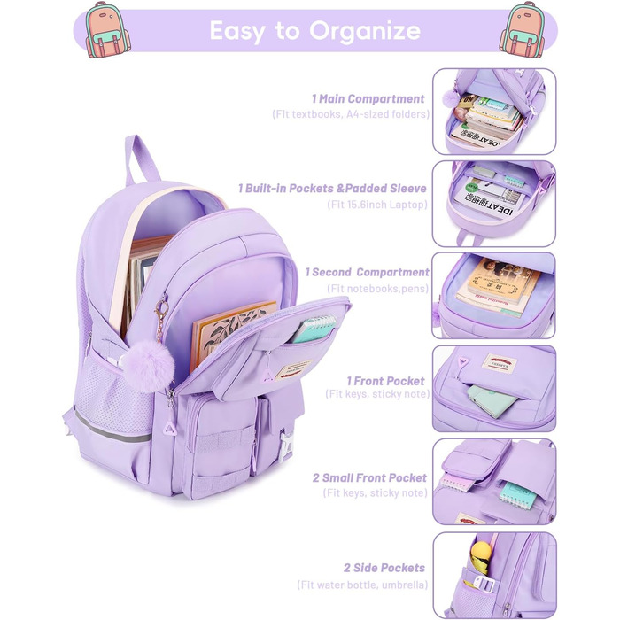 Рюкзак для підлітка Tanou, жіночий, для школи, 9-16 років, великий, водонепроникний, з брелоком (фіолетовий)