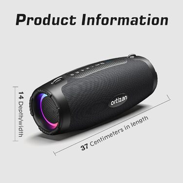 Ortizan Bluetooth колонка портативна 80 Вт, чорна: Водонепроникна IPX7, LED-підсвітка, Power Bank, до 12 год. роботи, Extra Bass