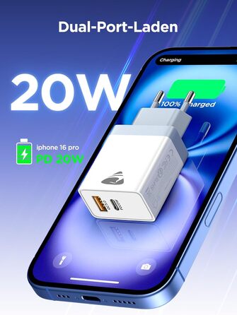 Мережевий адаптер USB C з двома портами, 20W, PD 3.0, з кабелем USB C - USB C 2м, білий