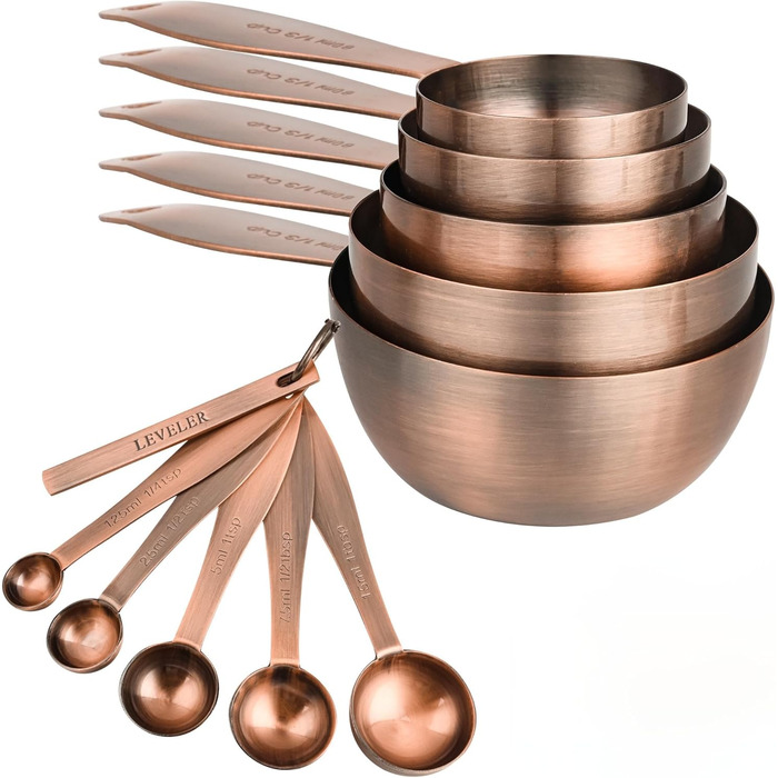 Copper-Plated Measuring Cup and Spoon Set, 5 Stainless Steel Measuring Cups and 5 Metal Measuring Spoon Set with Leveler, US and Metric Kitchen Measuring Cup and Spoon Set for Baking and Cooking