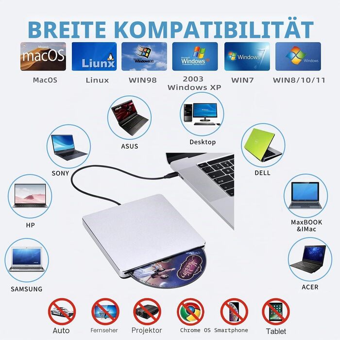 Зовнішній DVD-накопичувач для ноутбука: Портативний USB CD/DVD привід та записувач для Mac, MacBook, PC, Windows (Сріблястий)