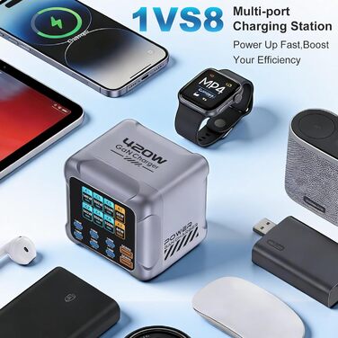 Зарядний пристрій GaN 8-в-1, 420W USB-C, LCD-дисплей, PD140W/QC60W, для iPhone 17/16/15, iPad, Android, планшетів (Срібний)