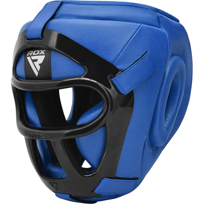 RDX Leather Head Guard - Boxing, Kickboxing, Muay Thai, Taekwondo Headgear - Face & Nose Protection - Training Sparring Head Guard (Blue, Small)
