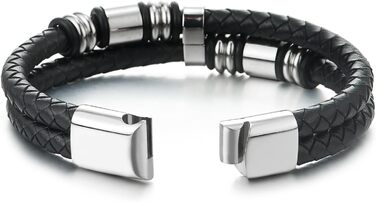 Чоловічий шкіряний браслет COOLSTEELANDBEYOND з плетеним дизайном та декоративними елементами з нержавіючої сталі. Колір шкіри: чорний та синій, колір металу: срібний.