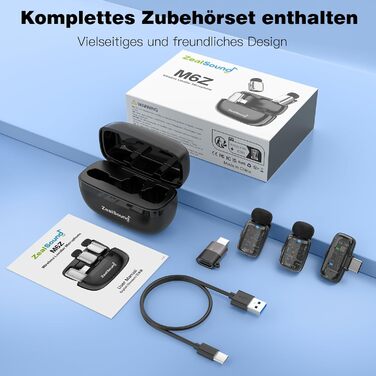 Мікрофон ZealSound M6 бездротовий для iPhone, Android, iPad: USB-C/Lightning, шумозаглушення, 33 години роботи, 100м, для Vlogging, TikTok, Podcast, YouTube, чорний/прозорий